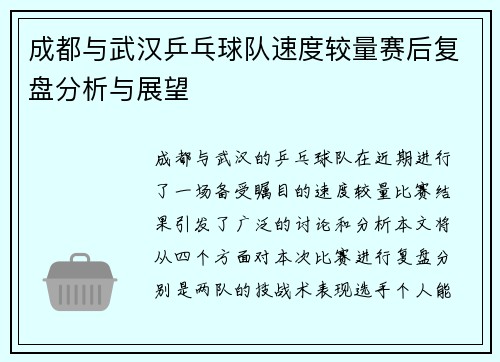成都与武汉乒乓球队速度较量赛后复盘分析与展望
